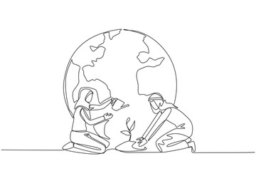 Single continuous line drawing Arabian man holds mound of earth while Arabian woman waters plants. Always work together to protect the earth. For better the earth. One line design vector illustration