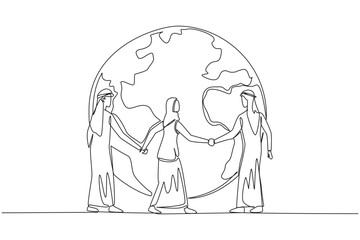 Single one line drawing group of Arabian men and Arabian woman standing arm in arm around a globe. Take part in preserving nature. Green the earth. Protect. Continuous line design graphic illustration
