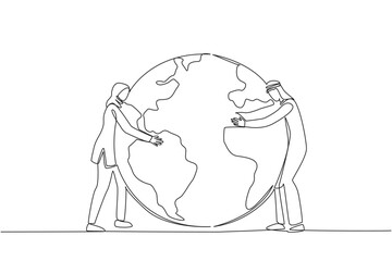 Continuous one line drawing Arabian man and Arabian woman standing hugging earth. Care about protecting the environment. Do not carry out illegal logging. Single line draw design vector illustration