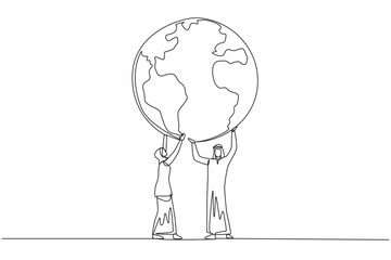 Single continuous line drawing Arab man and Arab woman hold up globe together with both hands. Teamwork makes missions easier. Protect the earth. Save the planet. One line design vector illustration