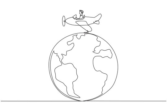 Single one line drawing an airplane driven by a man on a globe. Pollutes healthy air with emitted substances. Harmful to the ozone layer. Environmental. Continuous line design graphic illustration
