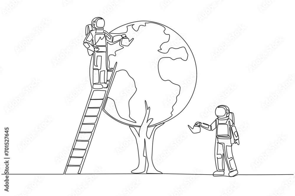Aufkleber continuous one line drawing astronaut climbs a ladder watering a tree whose leaves form a globe. ext