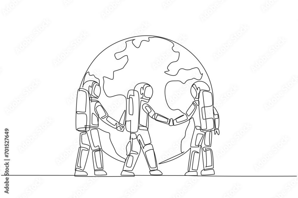 Poster single continuous line drawing group of astronauts standing arm in arm around globe. the mission to 