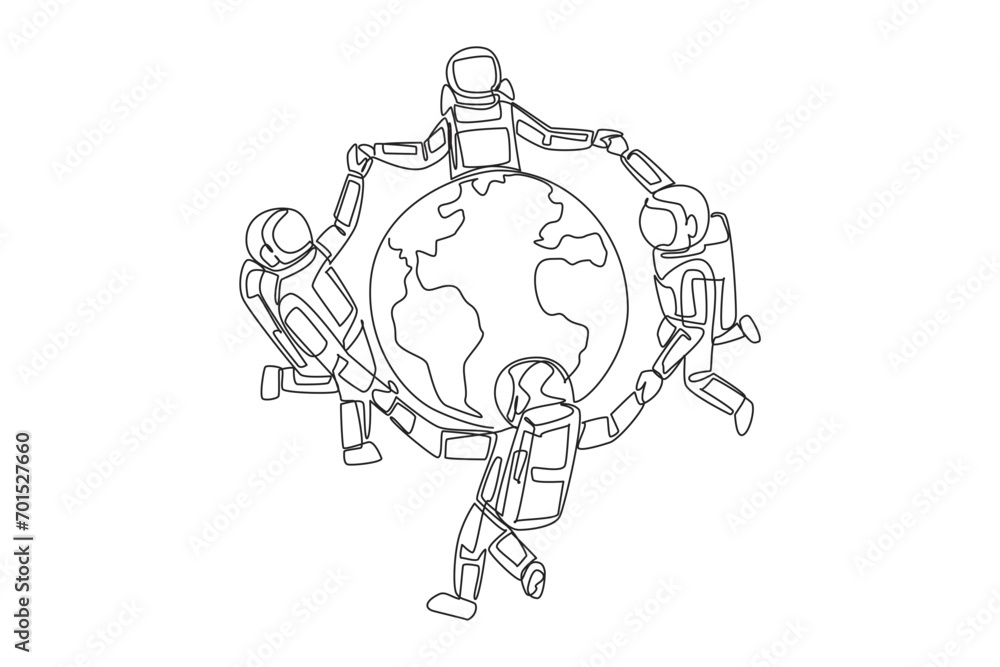 Poster single continuous line drawing a group of astronauts make a circle around the globe. with pride and 