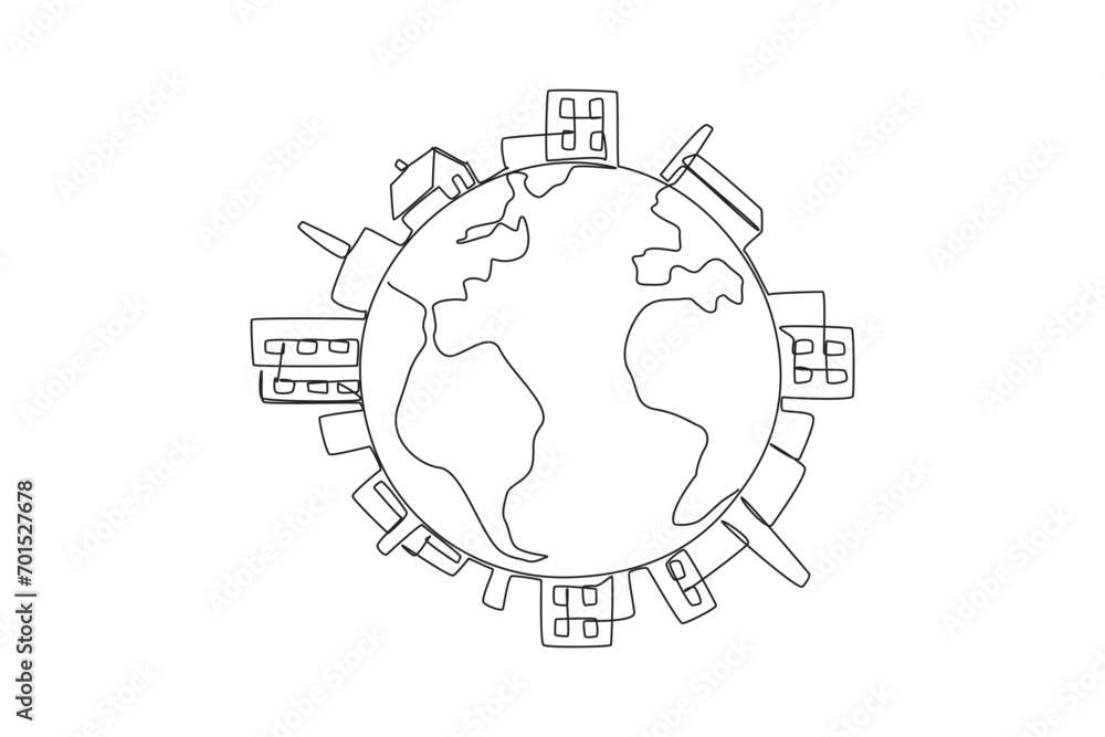 Poster continuous one line drawing buildings surround edge of the globe. industrial area. mostly there is p