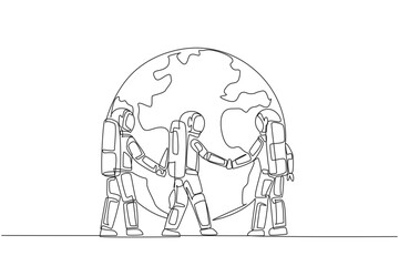 Single continuous line drawing group of astronauts standing arm in arm around globe. The mission to plant as many trees as possible has been completed. Celebration. One line design vector illustration