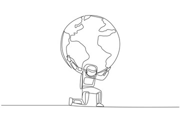 Single one line drawing astronaut kneels while cradling a globe. Fighting alone is very tiring. An invitation to protect the earth together. Cosmonaut care. Continuous line design graphic illustration