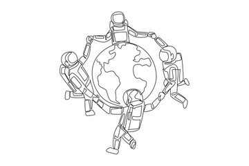Single continuous line drawing a group of astronauts make a circle around the globe. With pride and joy can protect the earth. Cosmonauts protect the earth. Care. One line design vector illustration