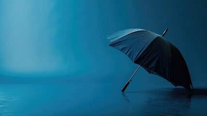 Black umbrella on wet blue surface with droplets