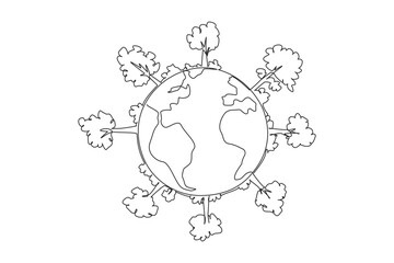 Single one line drawing globe with forest. Beautiful environment. Produces lot of oxygen. Natural food sources are available everywhere. Protect the earth. Continuous line design graphic illustration