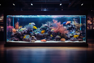 A sophisticated aquarium with colorful fish gracefully swimming, creating a tranquil ambiance and...