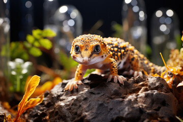 A sleek and agile leopard gecko exploring its terrarium, showcasing the unique patterns and movements of these small reptiles. Concept of gecko exploration. Generative Ai.