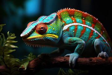 Fototapeta premium A captivating and mesmerizing chameleon changing colors on a branch, exemplifying the fascinating and unique characteristics of these reptilian companions. Concept of chameleon allure. Generative Ai.