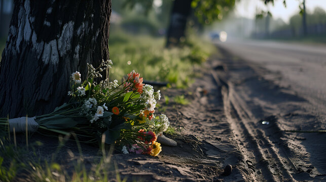 Roadside memorial flowers at tree