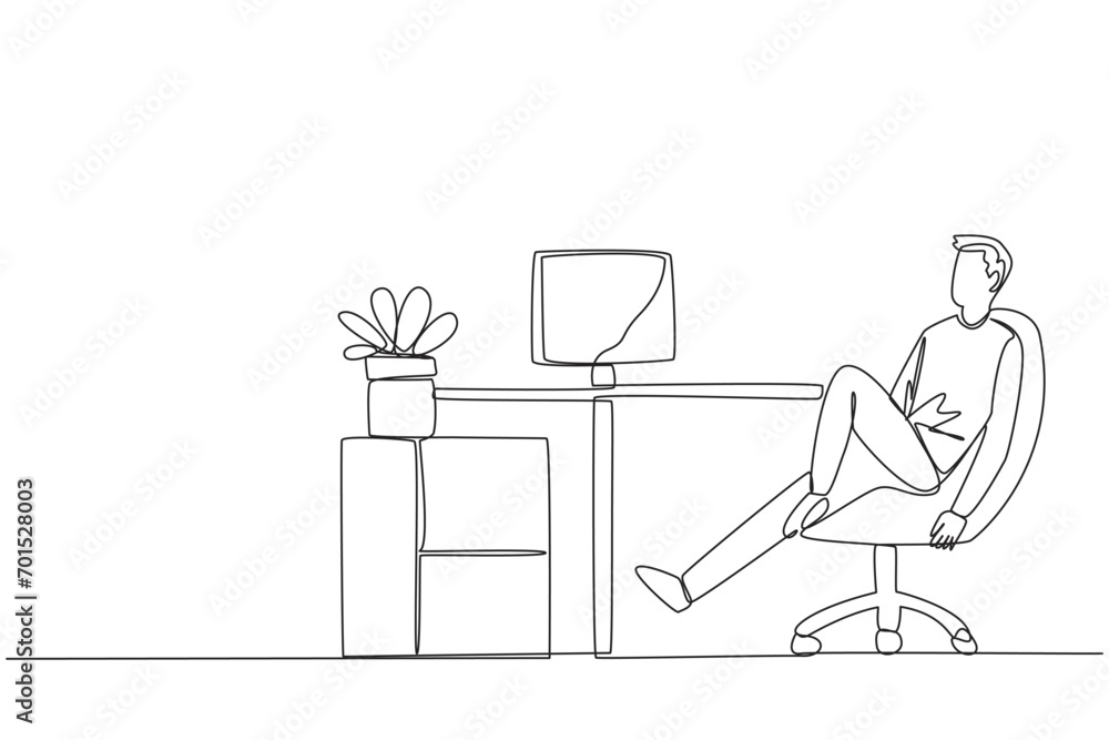 Aufkleber continuous one line drawing man sits in work chair with one of legs raised and folded. work overtime