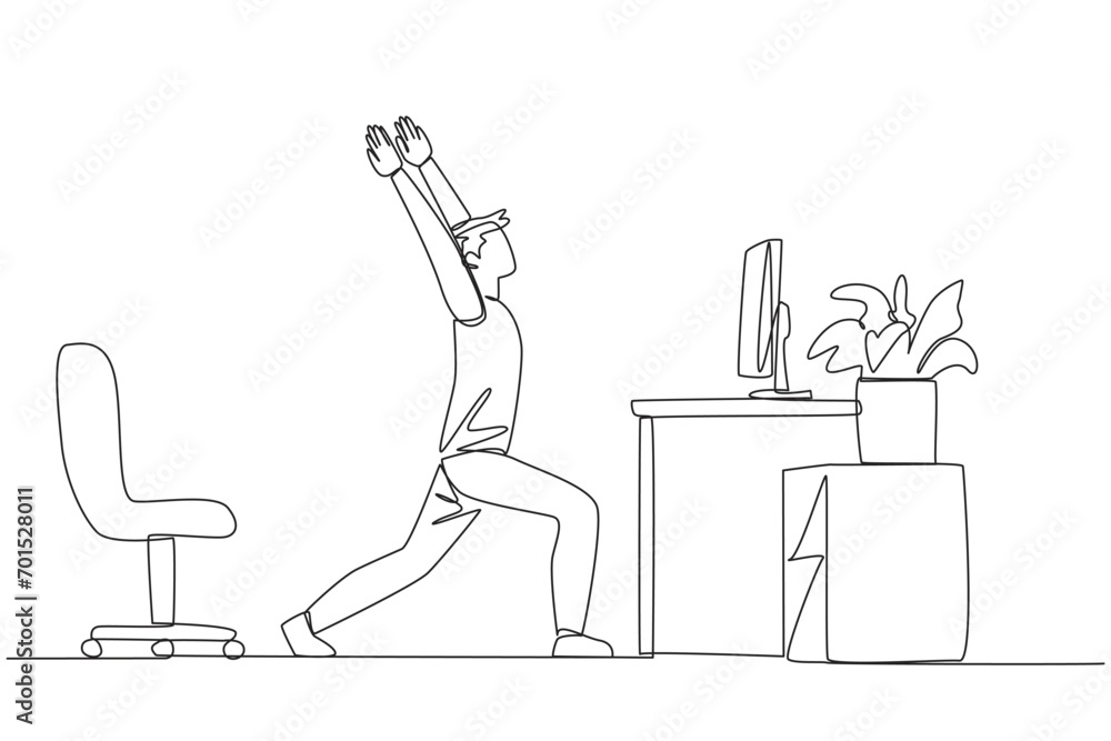 Poster single one line drawing man stands with both hands raised and legs stretched. work overtime on weeke
