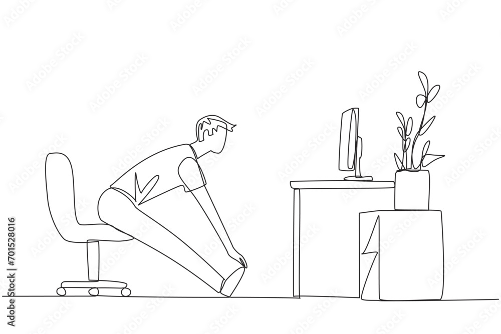 Poster continuous one line drawing man sitting in work chair with legs straightened. work overtime on weeke