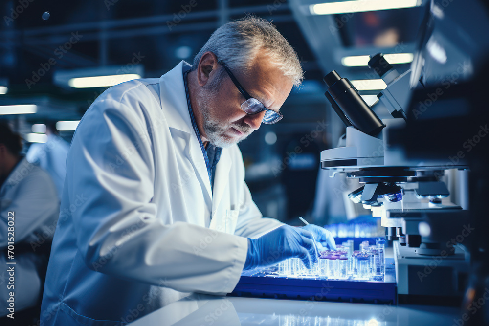 Wall mural A dedicated scientist in a lab coat carefully examining a microscope slide, showcasing the precision and attention to detail required in the field of medical research. Generative Ai.