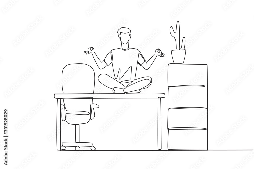 Poster single continuous line drawing man sitting cross-legged on a work desk. round the fingers on both ha