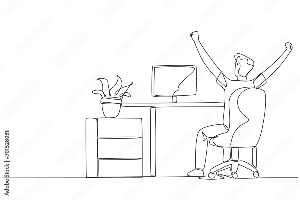 Poster continuous one line drawing the man sit on chair opening and raising his hands. seen from behind. mo