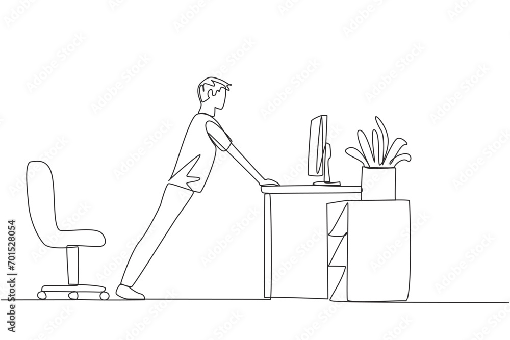 Poster continuous one line drawing man do push up movements by holding edge of work table. stretch to get s