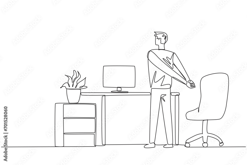 Poster single continuous line drawing man stands with his hands behind his back. a simple stretch before wo