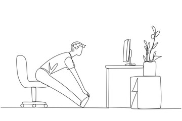 Continuous one line drawing man sitting in work chair with legs straightened. Work overtime on weekends. Eyes focus on the screen. Thinking about a project. Single line draw design vector illustration