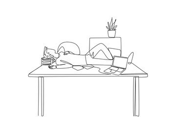 Single continuous line drawing man fell asleep on the table with a pillow from a pile of papers. Work overtime on weekends. Work hard. Tired. Need rest. Refresh. One line design vector illustration