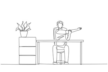Single continuous line drawing man sitting in a work chair with his arms crossed. Stretching. Do normal things to make work lighter. Excited even though overtime. One line design vector illustration
