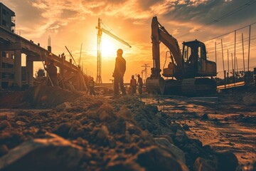 Heavy Machinery: Construction Workers Operating Excavators at a Building Site - A Symbol of Precision, Safety, and Progress in Construction - obrazy, fototapety, plakaty