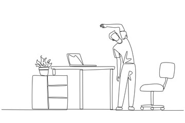 Single one line drawing man stands while raising one hand and tilting body. Light exercise while at the office. Helps mind to focus. Overtime on weekends. Continuous line design graphic illustration