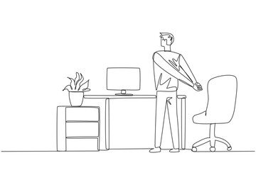 Single continuous line drawing man stands with his hands behind his back. A simple stretch before working overtime on the weekend. Lots of deadlines. Relaxes mind. One line design vector illustration