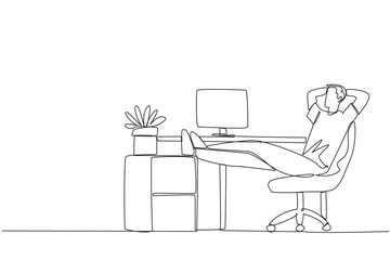 Continuous one line drawing man sits in work chair with his hands behind head and his legs raised on work desk. Work overtime on weekends. Short break. Single line draw design vector illustration