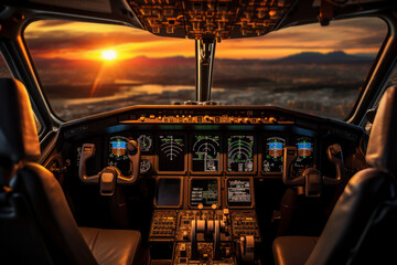 A pilot confidently preparing for takeoff in the cockpit of an airplane, embodying the responsibility and precision of aviation professionals. Concept of aeronautical expertise. Generative Ai. - obrazy, fototapety, plakaty