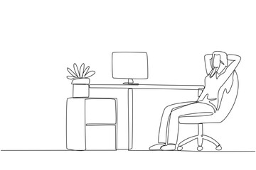 Single one line drawing relaxed woman sitting in a work chair with her hands behind her head. Relax at break time. Monitor work that is still incomplete. Continuous line design graphic illustration