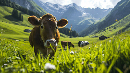 brown cow grazing in a meadow in the mountains. Cattle on a farmer's pasture.  - obrazy, fototapety, plakaty