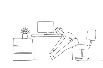 Continuous one line drawing woman sits in work chair with legs straightened, hands hold it. Stretching is necessary to avoid stress. Overtime on weekend. Single line draw design vector illustration