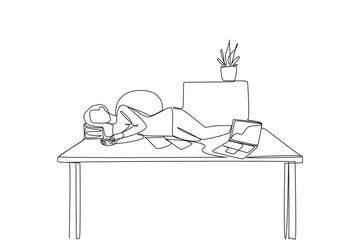 Single continuous line drawing woman fell asleep on the table with a pillow from a pile of papers. Too tired. Sleeping lying on the work desk. Hectic. Overtime. One line design vector illustration