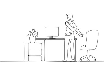 Single continuous line drawing woman stands with her hands behind her back. Avoid serious injuries due to rarely exercising. Take time to stretch at the office. One line design vector illustration