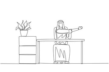 Continuous one line drawing Arabian man sitting in a work chair with his arms crossed. Stretching. Relax for a moment before being busy with work. Overtime. Single line draw design vector illustration