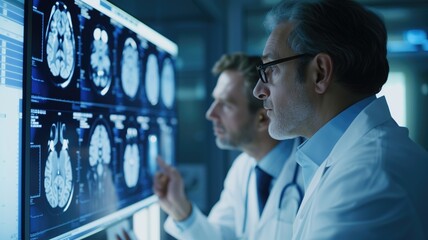 Two doctors analyzing brain scans