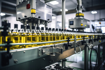 Automatic olive oil bottling conveyor line in a beverage production plant or factory, modern computerized industrial equipment. Plant for the production of vegetable oil.