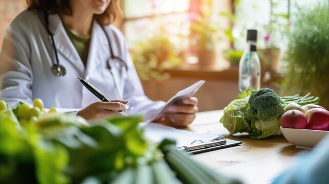 Nutritionist with fresh vegetables and clipboard on a bright table