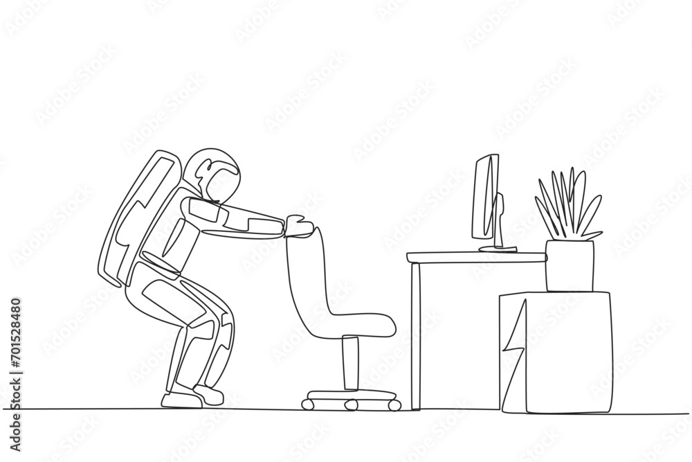 Poster single continuous line drawing astronaut stands with a slight bend and both hands hold the top of ch