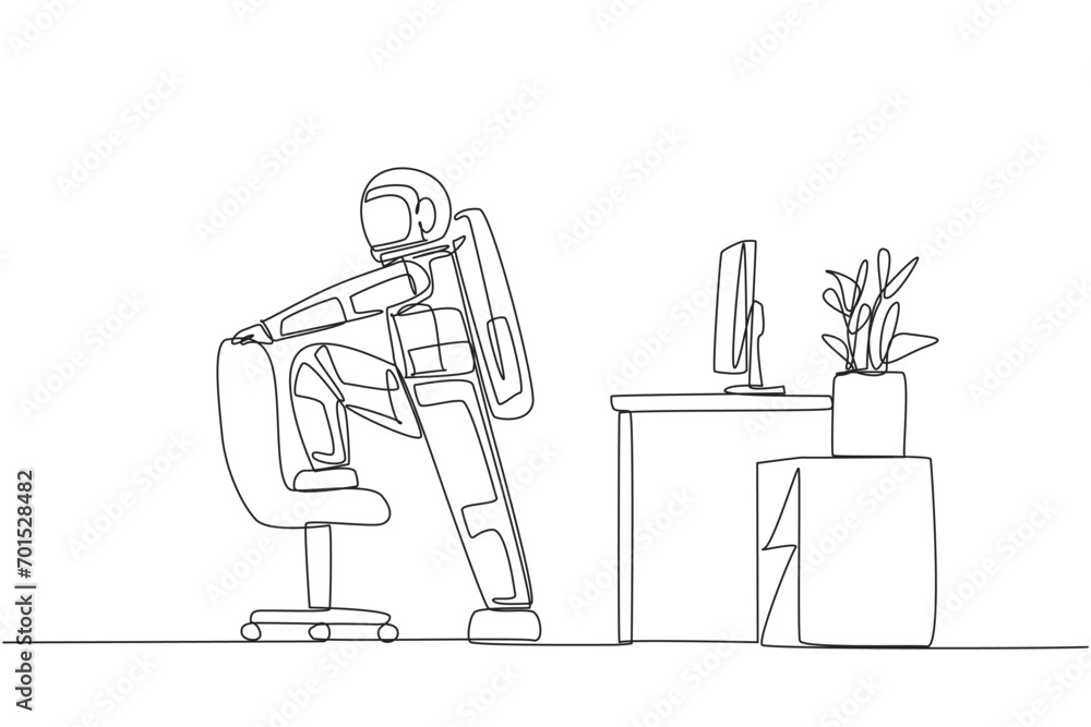 Poster single continuous line drawing the astronaut stands while lifting one of his legs onto a chair. make