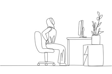 Single continuous line drawing Arab woman sitting in work chair with hands holding waist. Stretching. Too focused and rarely drinking, makes feels stiff. Hectic. One line design vector illustration