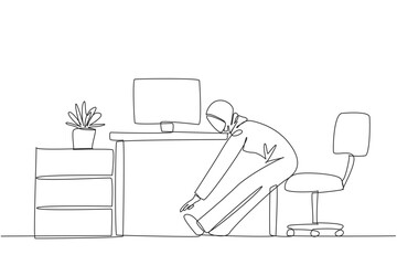 Continuous one line drawing Arabian woman sitting in work chair with legs straightened. Stretching. Focus improves. Not sleepy. Completed work. Hectic. Single line draw design vector illustration