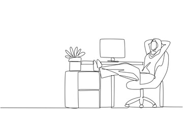 Continuous one line drawing Arab woman sits in work chair with her hands behind head and legs raised on work desk. Relax for a moment. Improves better mood. Single line draw design vector illustration