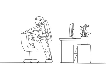 Single continuous line drawing the astronaut stands while lifting one of his legs onto a chair. Make time for light exercise in the midst of the busy schedule. One line design vector illustration
