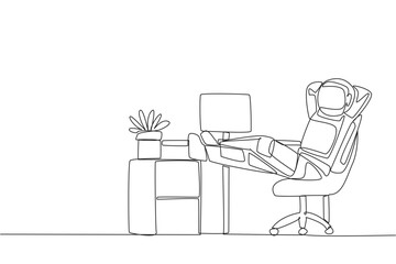 Continuous one line drawing astronaut sits in work chair with his hands behind head and his legs raised on work desk. Relaxing. Take a break from routine. Single line draw design vector illustration